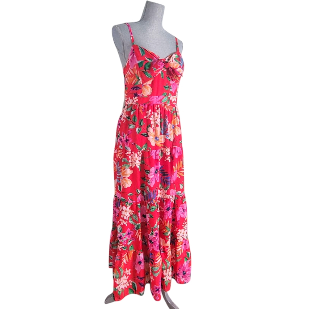 Eliza J Red Floral Midi Dress Adj Spaghetti Straps Sweetheart Neckline Lined